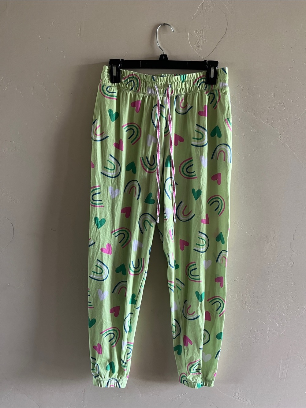 Girls Lime Green Rainbow & Heart Joggers with Drawstring Waist